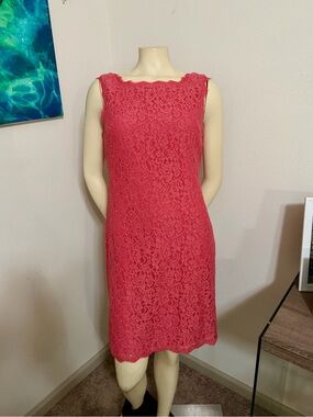 WORN ONCE! Adrianna Papell Boatneck Lace Overlay Coral Sheath Dress!